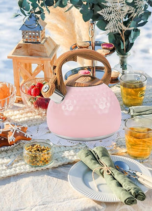 Whistling Tea Kettle,3.2Qt Stainless Steel Stove Kettle, Food Grade Teapot with Wood Pattern Handle for Coffee, Milk etc, Gas Electric Applicable (Pink)