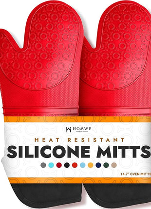 BPA-Free Soft Silicone Oven Mitts - Ultra Heat Resistant Oven Mitts with Thick Cotton Liner - Extra Long Slip Resistant Pot Holders, Flexible Oven Gloves - Red/Black 14.7"