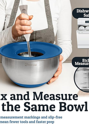 Priority Chef Stainless Steel Mixing Bowls with Lids Set, Metal Nesting Bowls with Airtight Lids, Graters, Non-Slip Base & Measurement Marks, Includes Utensil Set for Prep, Baking & Storage, Blue