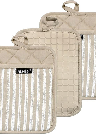 Silicone Pot Holders Set of 3 Heat Resistant & Non Slip Potholders, Professional Oven Hot Pads with Pockets Mitts for Kitchen Cooking Baking Barbecue (Khaki, 3)