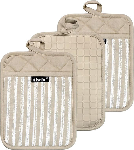 Silicone Pot Holders Set of 3 Heat Resistant & Non Slip Potholders, Professional Oven Hot Pads with Pockets Mitts for Kitchen Cooking Baking Barbecue (Khaki, 3)