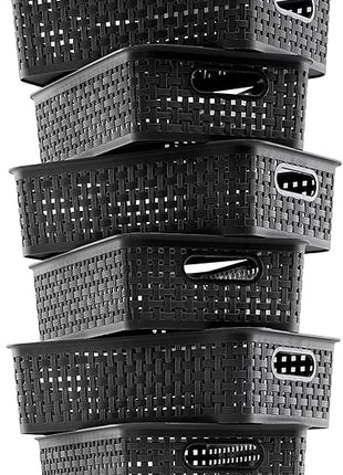 [ 8 Pack ] Plastic Storage Baskets, Small Pantry Organization and Storage Bins, Household Organizers for Laundry Room, Bathrooms, Kitchens, Cabinets, Countertops, Under Sink or Shelves, Black