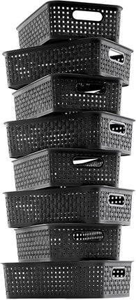 [ 8 Pack ] Plastic Storage Baskets, Small Pantry Organization and Storage Bins, Household Organizers for Laundry Room, Bathrooms, Kitchens, Cabinets, Countertops, Under Sink or Shelves, Black