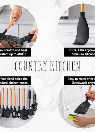 Country Kitchen Non Stick Silicone Utensil Set with Rounded Wood Handles for Cooking and Baking, 38 Piece Set, Black