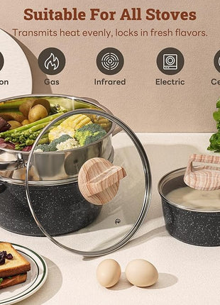 17 Pcs Pots and Pans Set Non Stick Kitchen Cookware Sets Nonstick Induction Cookware Non-toxic Black Granite Cooking Tools with Stay-Cool Handles, Pot Protectors (PFOS/PFOA Free)