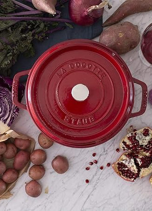 STAUB Cast Iron Dutch Oven 4-qt Round Cocotte, Made in France, Serves 3-4, Cherry