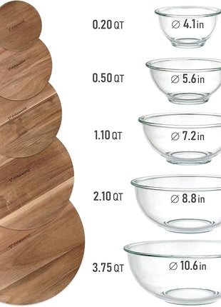 Stackable Space-Saving Set of 5 Nesting Glass Bowls with Acacia Lids for Foodprep, Storage, Mixing & Cooking - Microwave & Oven-ready BPA Free Durable Heat Resistant Inert Borosilicate Glass