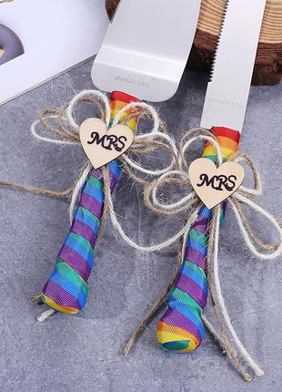 TANG SONG Set of 2 Mrs & Mrs Rainbow Gay Pride Flag LGBT Wedding Cake Knife and Serving Set with Rainbow Silk Ribbon and Heart Shaped Wood Tag Design Wedding Cake Knife (Set of 2)