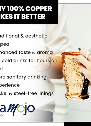 Copper Cups Set of 2 with Unique Handcrafted Embossed Design with Anti-Tarnish Food-Grade Coating - Moscow Mule Copper Mugs Gift Set with 2 Straws & Recipe E-Book, 16 oz