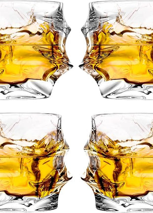 GLASKEY 12 oz Hand Blown Crystal Whiskey Glasses Set of 4, Unique Cognac Glass, Heavy Thick Bottom Bar Glass for Scotch Bourbon Rum Gin Water Cocktail,Gifts Men Gifts Ideas