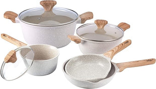Country Kitchen Non-Stick Cast Aluminum Cookware Set - Durable Kitchen Cookware for Everyday Cooking, Speckled Cream, 8 Pc.