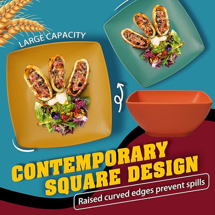 Teivio 32-piece Plastic Wheat Straw Square Dinnerware Set for 8, Unbreakable Dinner Plates, Salad Plates, Snack Bowls, Tumblers 20 oz, Dishwasher Safe, Autumn Multicolor