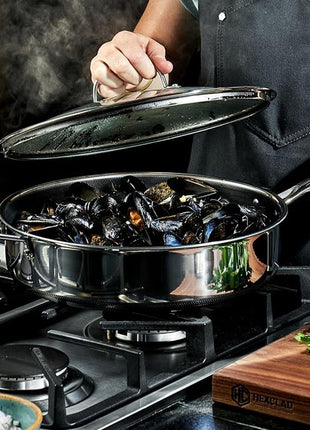 HexClad Hybrid Nonstick 5.5-Quart Deep Sauté Pan with Tempered Glass Lid, Stay-Cool Handle, Dishwasher-Friendly, Oven-Safe Up to 900°F, Induction Ready, Compatible with All Cooktops