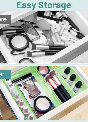 WOWBOX 25 PCS Plastic Drawer Organizer Set, 4 Sizes Desk Drawer Divider Organizers and Storage Bins for Makeup, Jewelry, Gadgets for Kitchen, Bedroom, Bathroom, Office, Clear Green