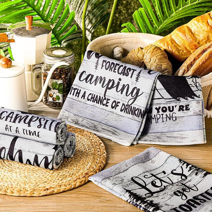 Boyiee Set of 6 Camping Kitchen Towels Happy Camper Tea Towels Absorbent Farmhouse Dish Towels with Funny Sayings 24 x 16 Inches Camping Hand Towels for RV Campers Lovers Gifts Accessories Decorations