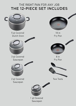 T-fal Ultimate Hard Anodized Nonstick Cookware Set 12 Piece, Oven Broiler Safe 400F, Lid Safe 350F, Kitchen Cooking Set w/Fry Pans, Saucepans, Dutch Oven, Pots and Pans, Dishwasher Safe, Black