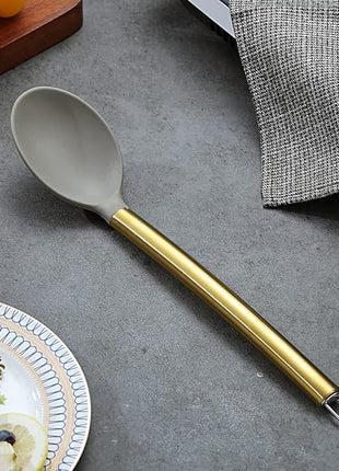 Berglander Non-stick Silicone Solid Serving Spoon, Titanium Gold Plating handle, Basting Spoon, Dishwasher Safe, Easy to Clean