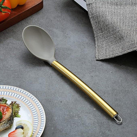 Berglander Non-stick Silicone Solid Serving Spoon, Titanium Gold Plating handle, Basting Spoon, Dishwasher Safe, Easy to Clean