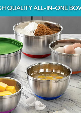 Belwares Mixing Bowls with Lids Set of 5 - Stainless Steel Nesting Bowls with Non-Slip Silicone Bottoms, Airtight Lids & 3 Grater Attachments Kitchen Baking Bowls for Food Prep & Storage (Colorful)
