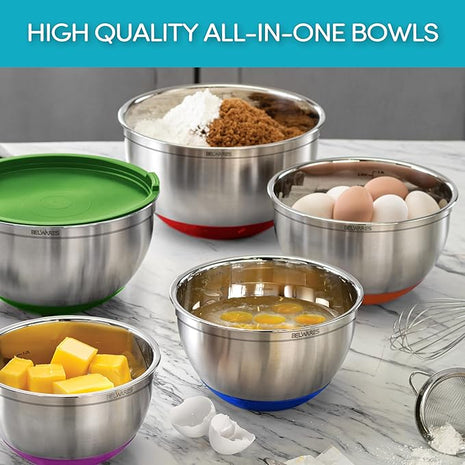 Belwares Mixing Bowls with Lids Set of 5 - Stainless Steel Nesting Bowls with Non-Slip Silicone Bottoms, Airtight Lids & 3 Grater Attachments Kitchen Baking Bowls for Food Prep & Storage (Colorful)