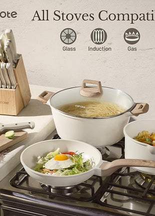 CAROTE ICE 35pcs Pots and Pans Set, Nonstick Cookware Sets, White Granite Induction Cookware with Kitchen Knife Set
