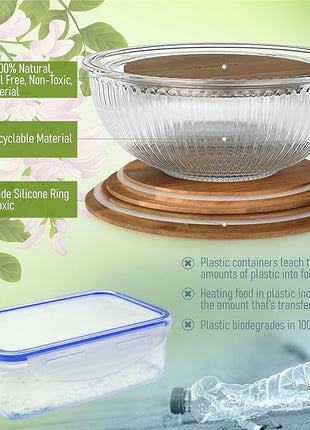Set of 3 Stackable Space-Saving Nesting Glass Salad Bowls with Acacia Lids for Foodprep, Storage, Baking, Mixing & Cooking - Microwave Safe Durable Inert Borosilicate Glass