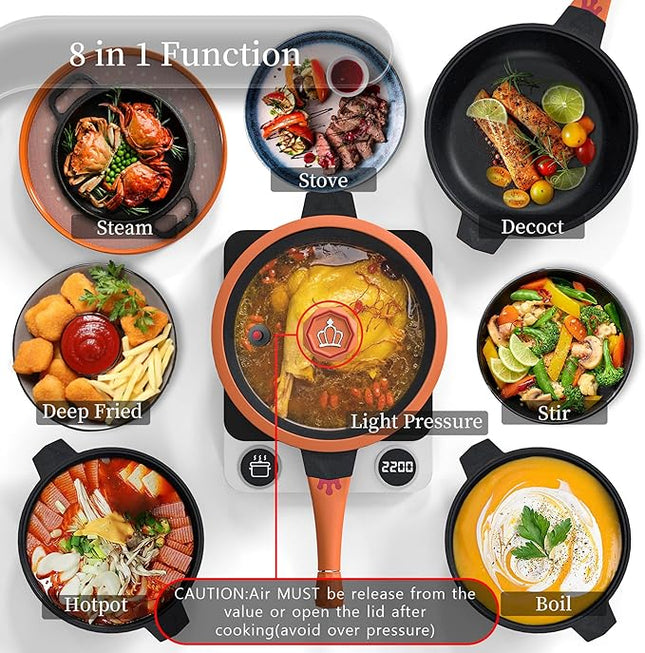 TIBORANG 8 in 1 Multipurpose 11 Inch 5 Quart Heat Indicator Nonstick Deep Frying Pan with Glass Lid,Stay-cool Handle,Steamed Grid,PFOA-Free,Dishwasher&Oven Safe,Works with All Stovetops(Tangerine)