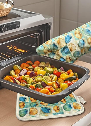 Oven Mitts Gloves 1 Pair Heat Resistant 480 ℉ Non Slip Clear Silicone Printed Shell Comfortable Cotton Lining Kitchen Men Cooking Barbecue Machine Washable (Shell, Beige Mitts)