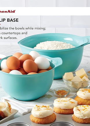 KitchenAid Universal Nesting Plastic Mixing Bowls with Non Slip Base and Pour Spout, Dishwasher Safe, Set Of 3, 2.5 quart, 3.5 quart and 4.5 quart, Aqua Sky