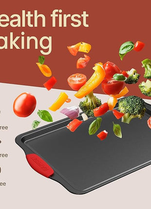 BAKKEN Cookie Sheets for Baking Nonstick Set - 3-Piece Stackable Carbon Steel Baking Sheet Pans Set with Silicone Handles, Non Toxic Cookie Sheets for Baking Bakeware Set - Gray Marble