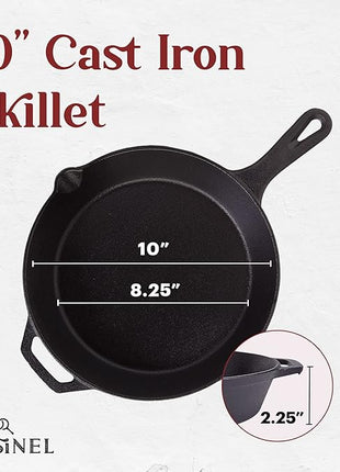 Cuisinel Pre-Seasoned Cast Iron Skillet (10-Inch) with Glass Lid and Handle Cover Oven Safe Cookware - Heat-Resistant Holder - Indoor and Outdoor Use - Grill, Stovetop, Induction Safe