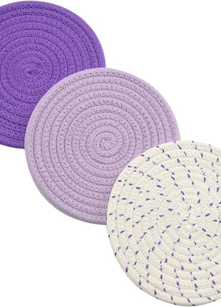 Pot Holders Set Trivets Set 100% Pure Cotton Thread Weave Hot Pot Holders Set (Set of 3) Stylish Coasters, Hot Pads, Hot Mats, Spoon Rest For Cooking and Baking by Diameter 7 Inches (Purple)