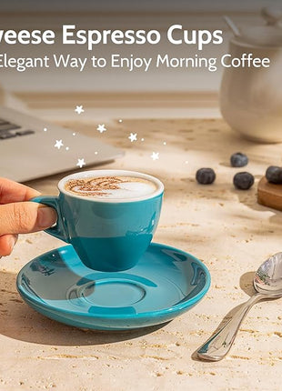 Sweese 2 Ounce Espresso Cups with Saucers, Porcelain Espresso Cups Set of 6 - Hot Assorted Colors