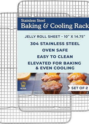 Ultra Cuisine Oven-Safe, Dishwasher-Safe 100% Stainless Steel Cooling & Baking Rack Set - Jelly Roll Sheet Pan Size - Heavy Duty - 10 x 14.7" - Set of 2 - Wire Cooling Racks for Baking & Cooking