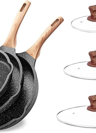 Non Stick Frying Pan Set with Lids, Granite Skillet Set, Egg Omelette Pans for Cooking Pan Set, No Toxic Kitchen Cookware Set Compatible with All Stovetops (Gas & Induction), PFOA Free, Gift