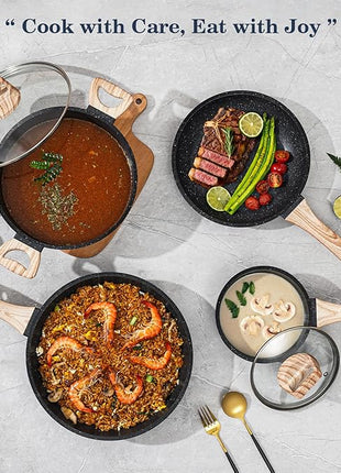 12 Pcs Pots and Pans Set, Nonstick Cookware Sets Black Granite Induction Cookware, Non-toxic Healthy Non Stick Kitchen Cooking Set with Frying Pans Set, Saucepans,Steamer (PFAS, PFOA, PFOS Free)