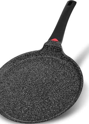 Non Stick 11 Inch Granite Coated Crepe Pan - Lightweight 4.27 Quart Dosa Pan with Comfort Stay Cool Grip Handle - Induction Compatible PFOA Free Tortilla Cookware (Black)