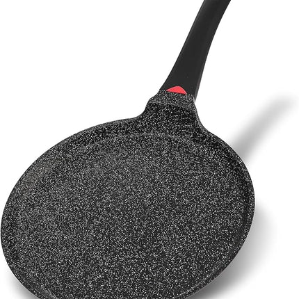 Non Stick 11 Inch Granite Coated Crepe Pan - Lightweight 4.27 Quart Dosa Pan with Comfort Stay Cool Grip Handle - Induction Compatible PFOA Free Tortilla Cookware (Black)