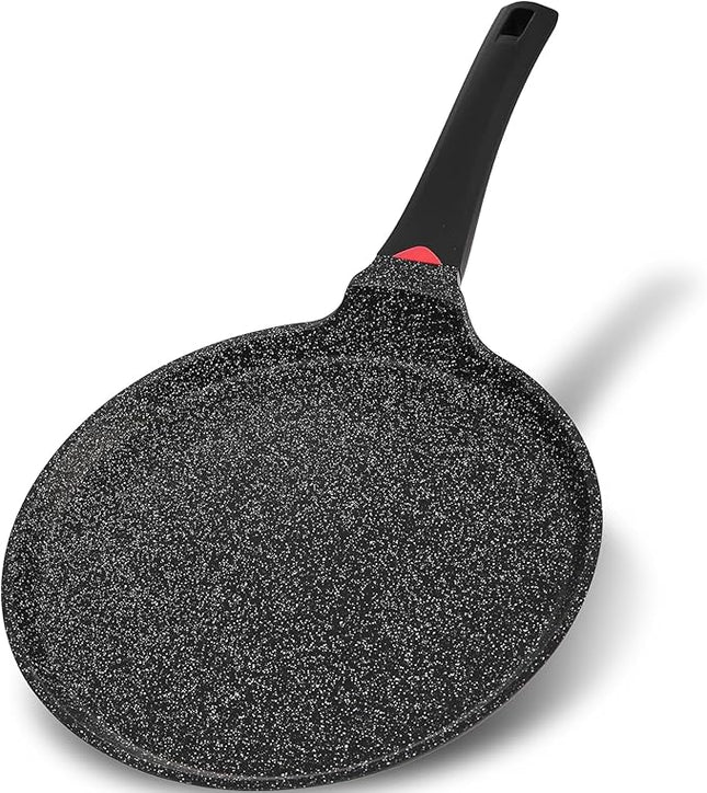 Non Stick 11 Inch Granite Coated Crepe Pan - Lightweight 4.27 Quart Dosa Pan with Comfort Stay Cool Grip Handle - Induction Compatible PFOA Free Tortilla Cookware (Black)