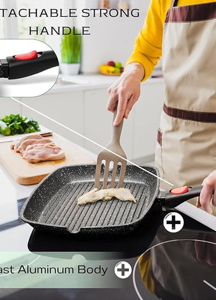 Moss & Stone Square Grill Pan for Indoor Cooking, 11-Inch Nonstick Griddle Skillet with Removable Handle, RV Die-Cast Aluminum Stove Top Grill Pan for Meats & Vegetables, Detachable Handle