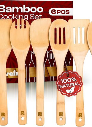 Riveira Bamboo Cooking Spoons 6-Piece – Wooden Cooking Utensils Set with Wooden Spoons for Cooking & Spatulas Wooden Utensil Sets – Premium Kitchen Utensils Set – Durable First Apartment Essentials