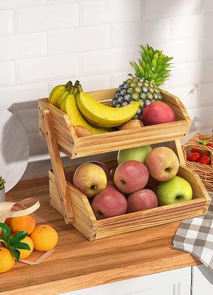 2 Tier Wooden Fruit Basket For Kitchen, Bread Vegetable Fruit Basket Bowl Stand, Farmhouse Fruit Bowl for Countertop, Large