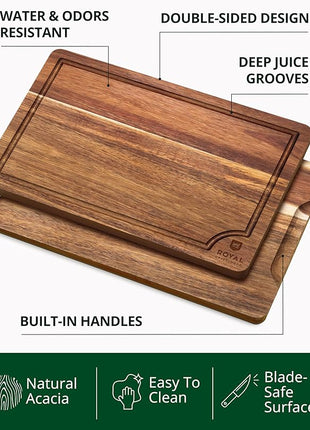 ROYAL CRAFT WOOD Acacia Wood Cutting Boards Set of 3 – Premium Wooden Cutting Boards for Kitchen Meal Prep & Serving - Charcuterie & Chopping Butcher Block for Meat with Deep Juice Groove Side Handles