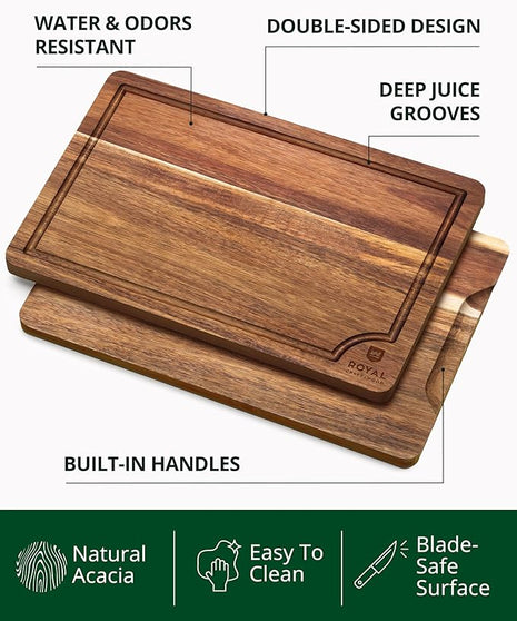 ROYAL CRAFT WOOD Acacia Wood Cutting Boards Set of 3 – Premium Wooden Cutting Boards for Kitchen Meal Prep & Serving - Charcuterie & Chopping Butcher Block for Meat with Deep Juice Groove Side Handles