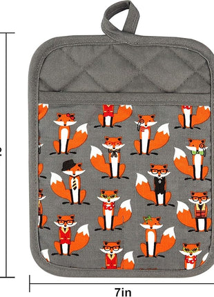 Pot Holders Set of 2 Heat Resistant 480 ℉ Non Slip Clear Silicone Printed Comfortable Cotton Lining Kitchen Women Men Cooking Baking Microwave Machine Washable (Fox, Gray Potholders)