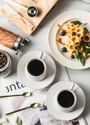 YHOSSEUN Espresso Cups with Saucers and Metal Stand, 4 Oz Ceramic Expresso Shots Cup Espresso Small Coffee Cups Set of 6, Beige