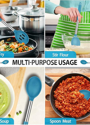 Pack of 4 Large Silicone Cooking Spatulas and Spoons, Slotted and Solid Stainless Steel Cooking Utensils Set, Non-stick Heat Resistant Kitchen for Baking, Fried, Stir-Fry, Mixing, Serving (Blue)
