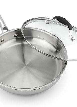 AVACRAFT 18/10 10 Inch Stainless Steel Frying Pan with Lid, Side Spouts, Induction, Versatile Stainless Steel Skillet