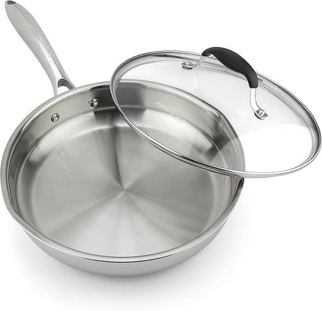 AVACRAFT 18/10 10 Inch Stainless Steel Frying Pan with Lid, Side Spouts, Induction, Versatile Stainless Steel Skillet