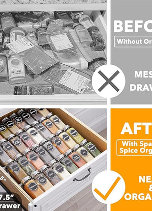 SpaceAid Spice Drawer Organizer with 32 Spice Jars, 386 Spice Labels, 4 Tier Seasoning Rack Tray Insert for Kitchen Drawers, 15" Wide x 17.5" Deep